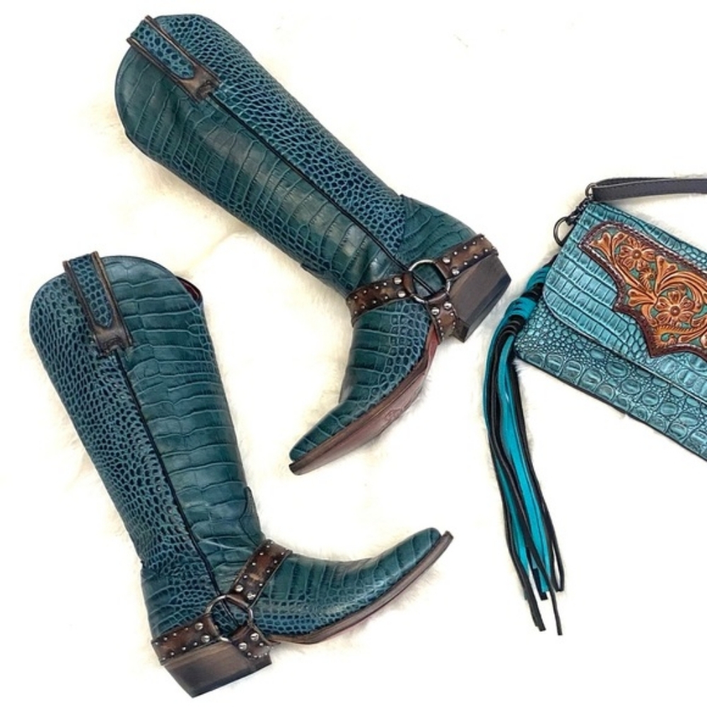 Teal Crocodile Embossed Boots and Bag Set